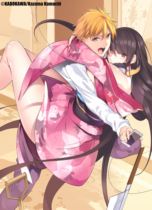 1boy, 1girl, bare_shoulders, blush, cellphone, copyright_name, hug, intelli_village_no_zashiki-warashi
