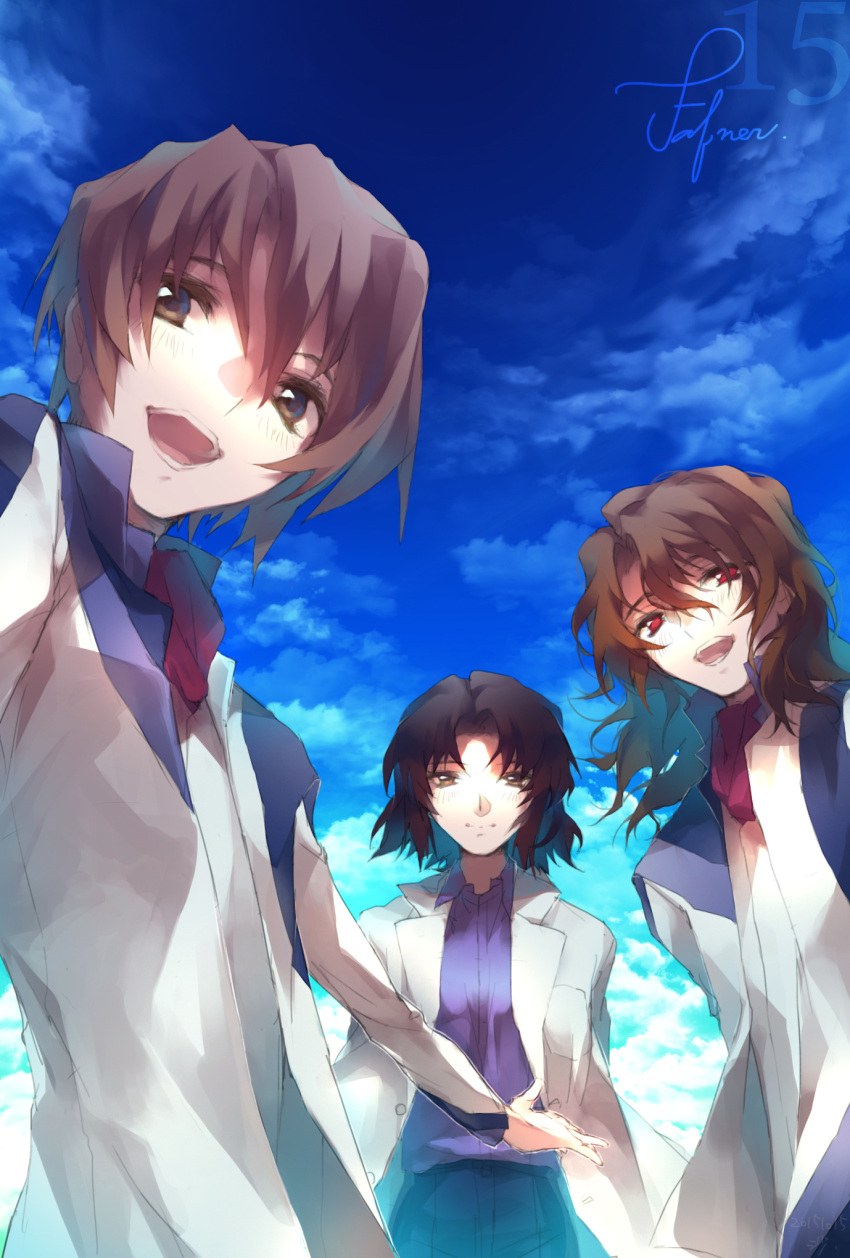 0731sa, 1girl, 2boys, :d, black_hair, brown_eyes, brown_hair, clouds