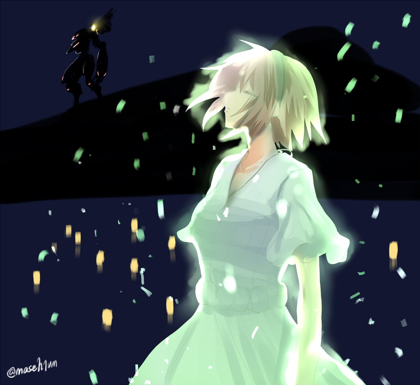 1girl, closed_eyes, dress, glowing, hairband, highres, kanon_memphis, mark_dreizehn