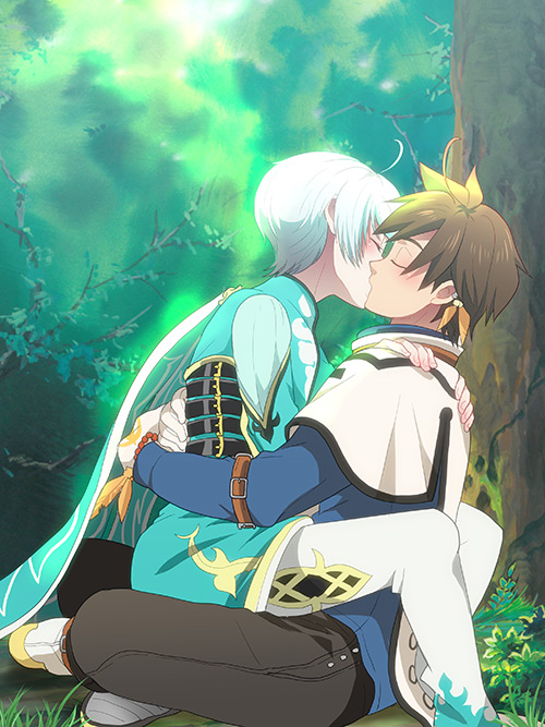 2boys, blush, brown_hair, cape, forest, kiss, male_focus, mikleo_(tales)
