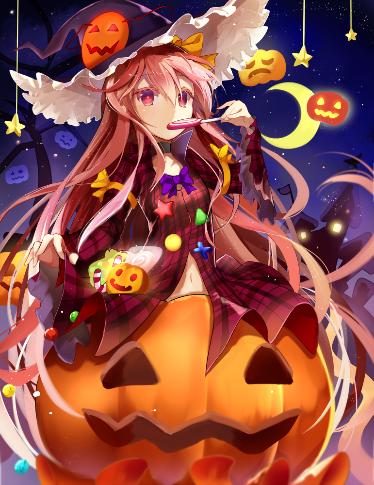 1girl, adapted_costume, candy, efe, halloween, halloween_costume, hat, hata_no_kokoro