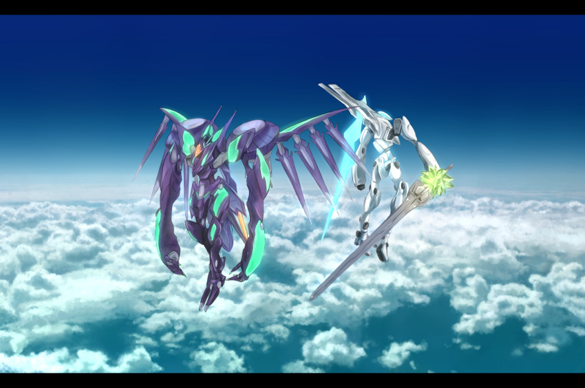 above_clouds, claws, clouds, crystal, floating, glowing, hia, highres