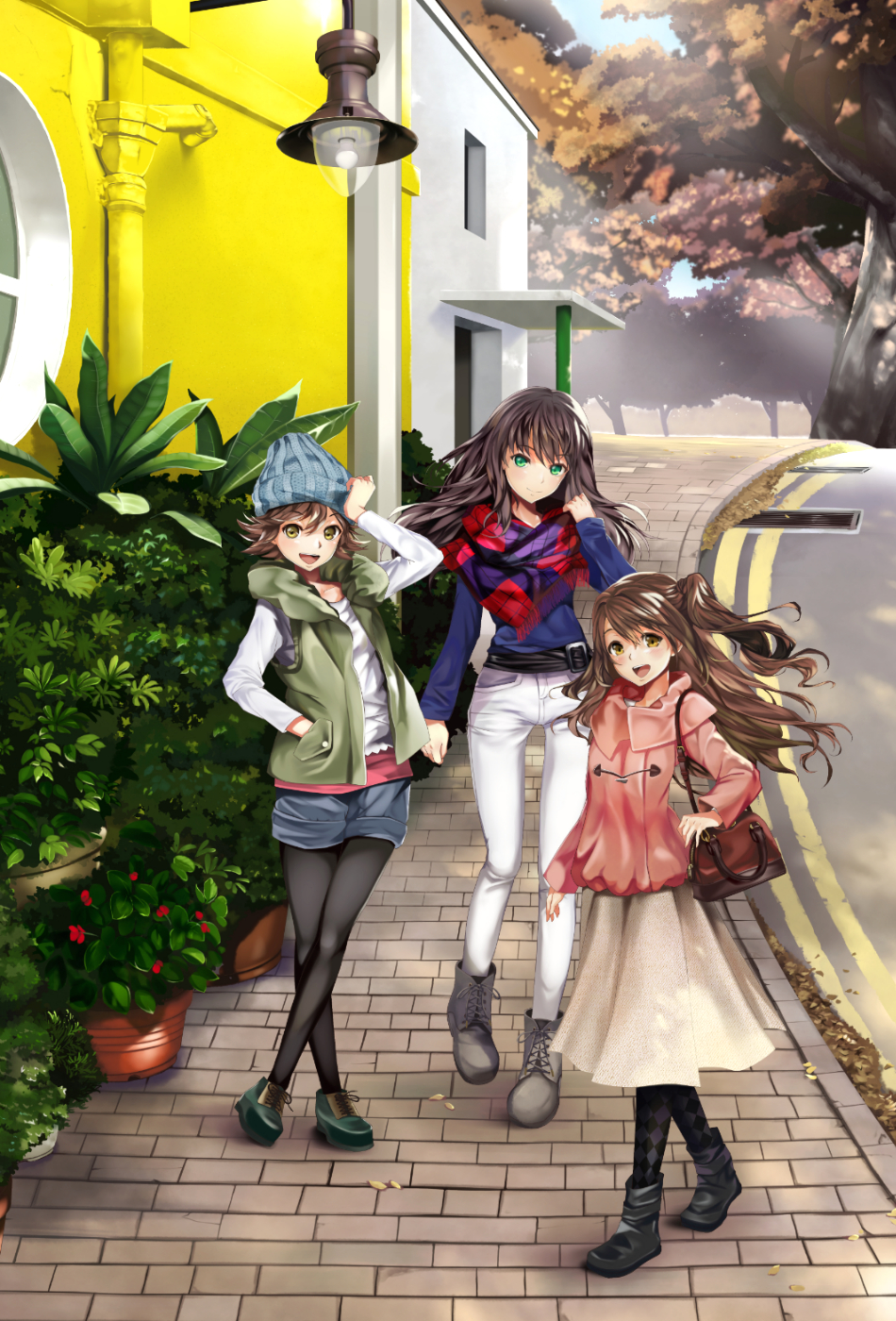 3girls, :d, argyle, argyle_legwear, bag, bangs, belt, black_legwear, blue_shirt, blue_shorts, boots, brick_floor, brown_eyes, brown_hair, buckle, building, cross-laced_footwear, door, ep_(emio_parn), green_eyes, hand_in_pocket, hand_on_headwear, hat, head_tilt, highres, honda_mio, hood_down, idolmaster, idolmaster_cinderella_girls, lace-up_boots, lamp, leaf, long_hair, long_skirt, long_sleeves, looking_at_viewer, multiple_girls, open_mouth, outdoors, pants, pantyhose, plant, potted_plant, road, shibuya_rin, shimamura_uzuki, shirt, shoes, short_hair, shorts, shoulder_bag, side_ponytail, skirt, smile, standing, street, t-shirt, tree, white_pants, window, yellow_eyes