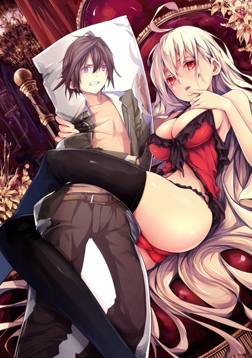 1boy, 1girl, ahoge, babydoll, bare_arms, bare_shoulders, belt, between_legs