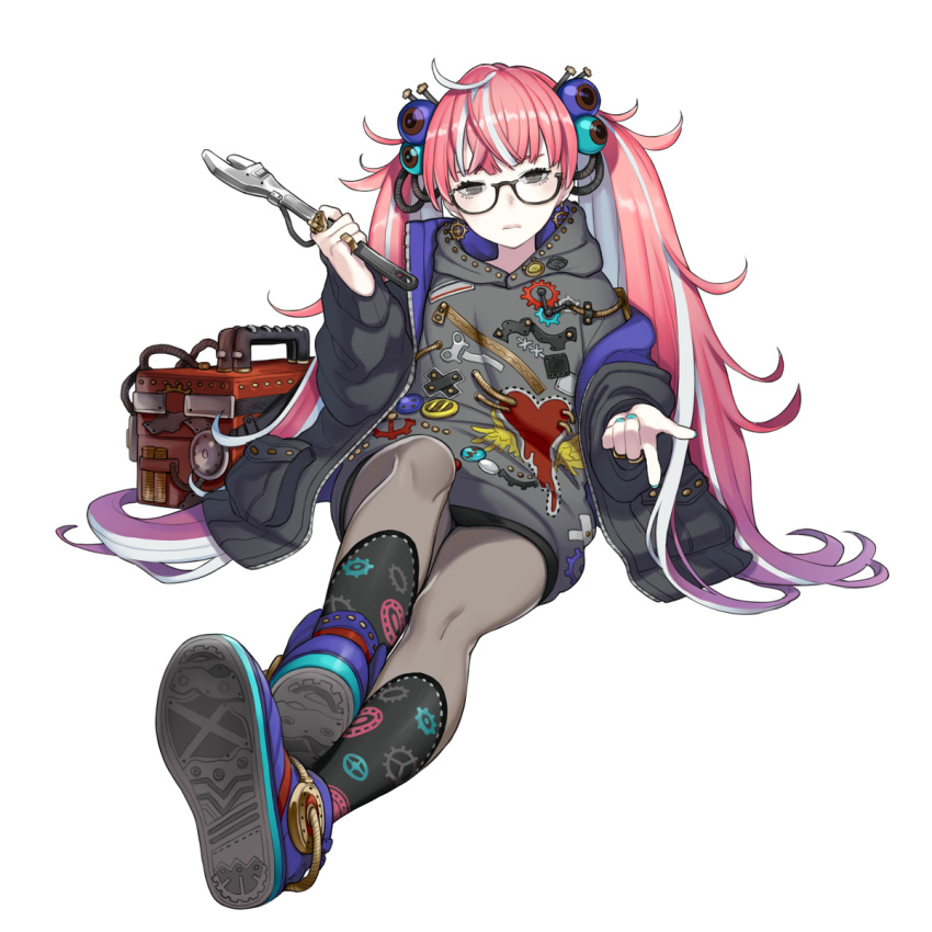 1girl, ahoge, aqua_nails, bandaid, bangs, black-framed_glasses, black_eyes, closed_mouth, earrings, full_body, gears, glasses, hair_ornament, heart, highres, holding, hoodie, jacket, jewelry, kneehighs, long_hair, long_sleeves, mechanical, multicolored_hair, nail_polish, original, pantyhose, pink_hair, pointing, ring, semi-rimless_glasses, shoes, simple_background, sitting, solo, tools, twintails, two-tone_hair, white_background, white_hair, wings, wrench, youcapriccio, zipper