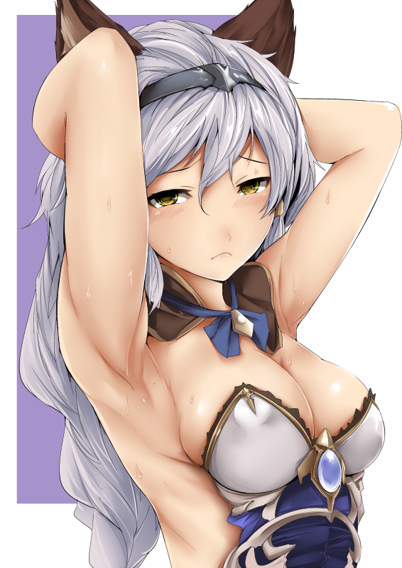1girl, animal_ears, armpits, arms_up, bangs, blush, braid, breasts