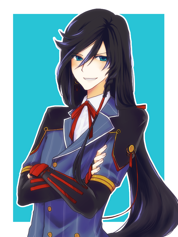 1boy, black_hair, blue_eyes, braid, cosplay, crossed_arms, double-breasted, horikawa_kunihiro