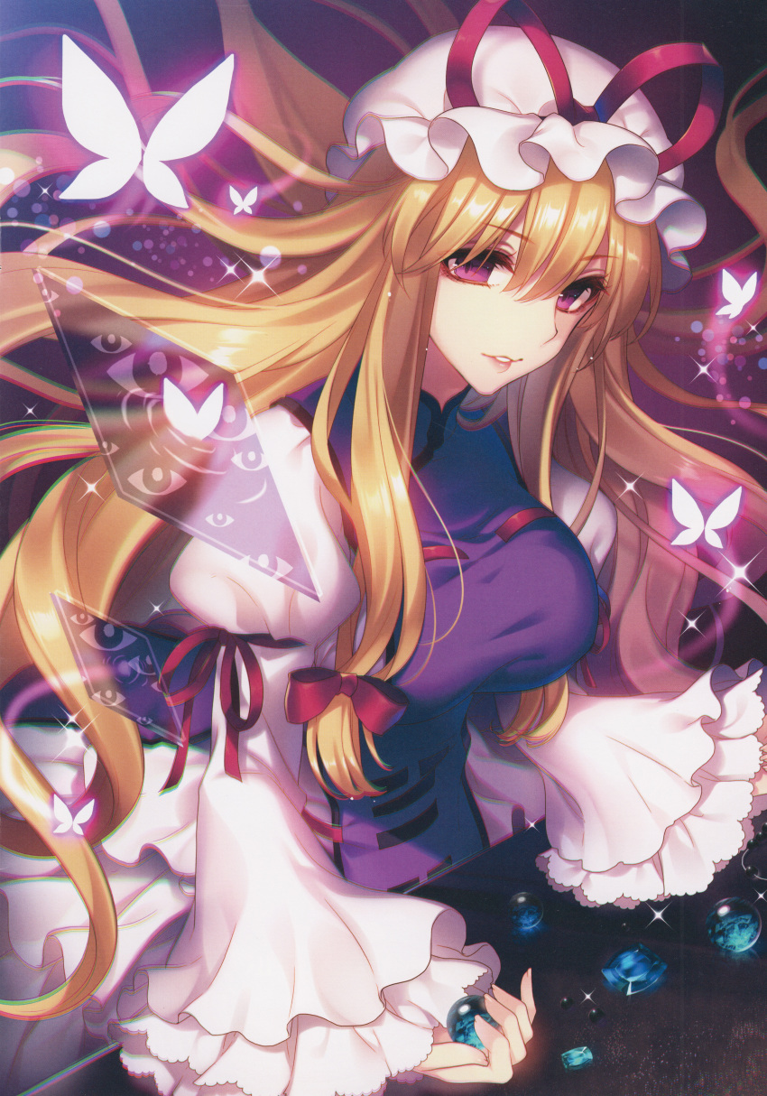 1girl, absurdres, blonde_hair, bow, butterfly, chromatic_aberration, dress, dutch_angle