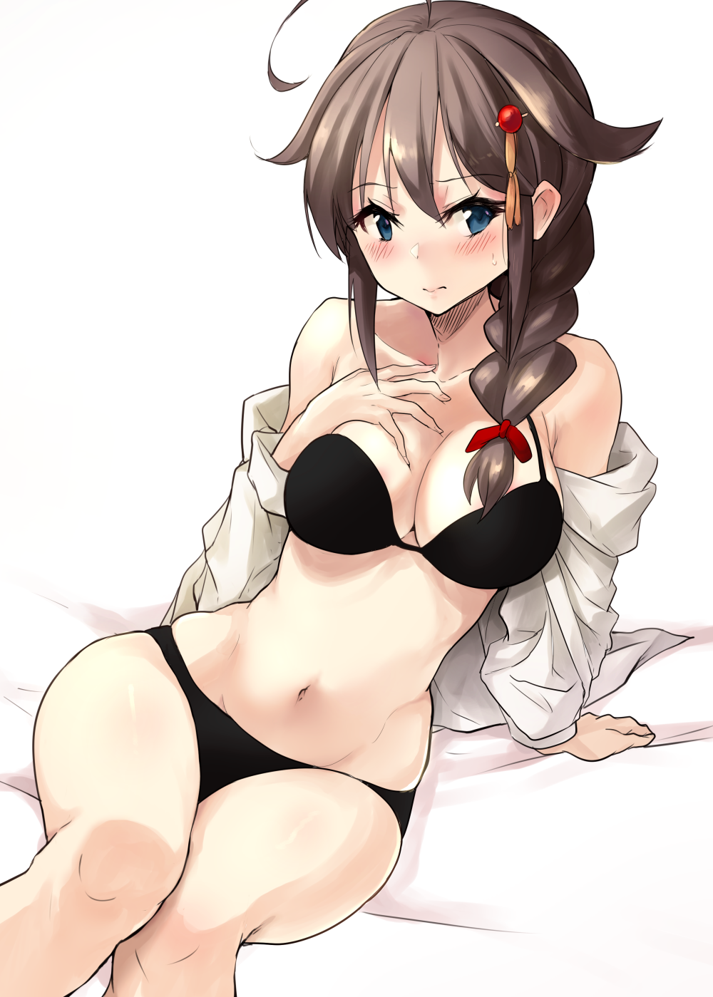 1girl, ahoge, bikini, black_hair, blue_eyes, blush, braid, breasts