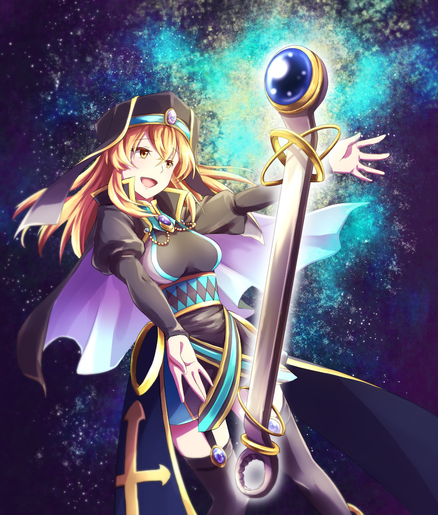 1girl, brown_eyes, capelet, cross, garter_straps, habit, long_hair, offset_spanner_(ole_tower)