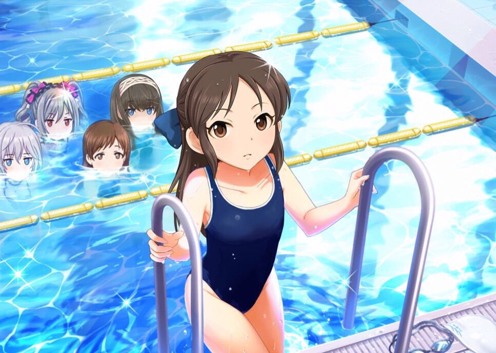 5girls, anastasia_(idolmaster), artist_request, black_hair, blue_eyes, blush, bow, brown_eyes, brown_hair, envy, goggles, goggles_removed, hair_bow, hairband, idolmaster, idolmaster_cinderella_girls, idolmaster_cinderella_girls_starlight_stage, kanzaki_ranko, long_hair, multiple_girls, nitta_minami, official_art, one-piece_swimsuit, photoshop, pool, pool_ladder, sagisawa_fumika, swim_cap, swimcap_removed, swimsuit, tachibana_arisu, water, wet