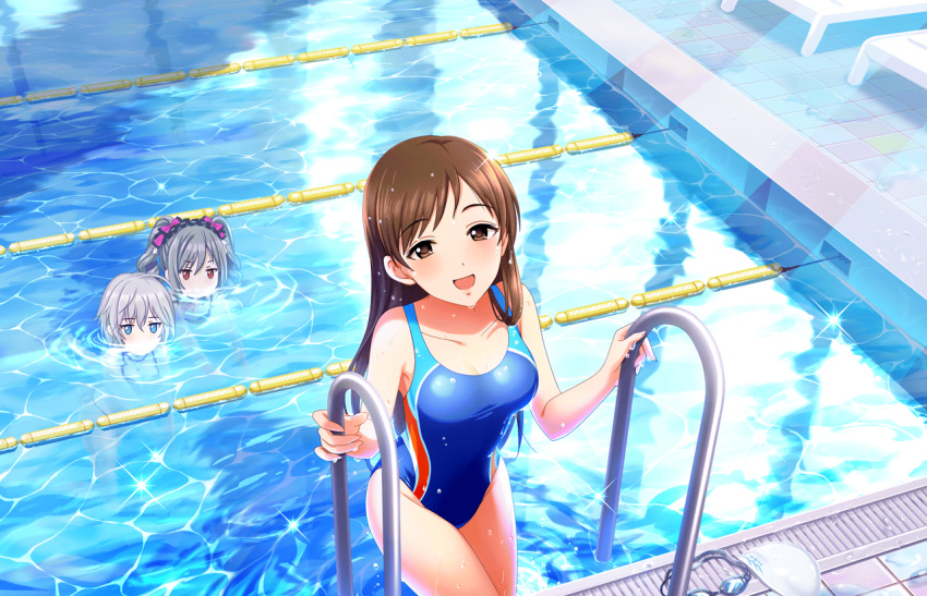 3girls, anastasia_(idolmaster), brown_eyes, brown_hair, competition_swimsuit, envy, goggles, goggles_removed, idolmaster, idolmaster_cinderella_girls, idolmaster_cinderella_girls_starlight_stage, kanzaki_ranko, long_hair, multiple_girls, nitta_minami, official_art, one-piece_swimsuit, pool, pool_ladder, swim_cap, swimcap_removed, swimsuit, water, wet