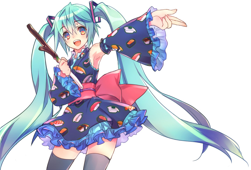 1girl, :d, aqua_hair, black_legwear, blue_eyes, detached_sleeves, food_themed_clothes, hatsune_miku