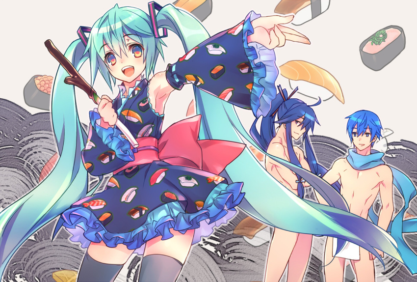 1girl, 2boys, :d, aqua_hair, black_legwear, blue_eyes, blue_hair, convenient_censoring
