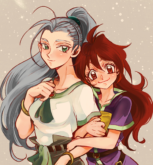 2girls, green_eyes, lina_inverse, long_hair, milina_(slayers), multiple_girls, ponytail, red_eyes