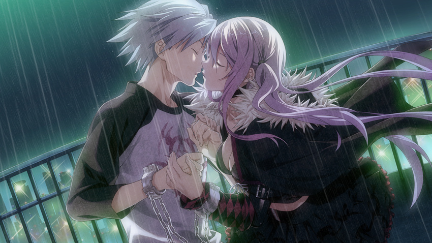 1boy, 1girl, arm_warmers, bare_shoulders, breasts, building, chain, choker