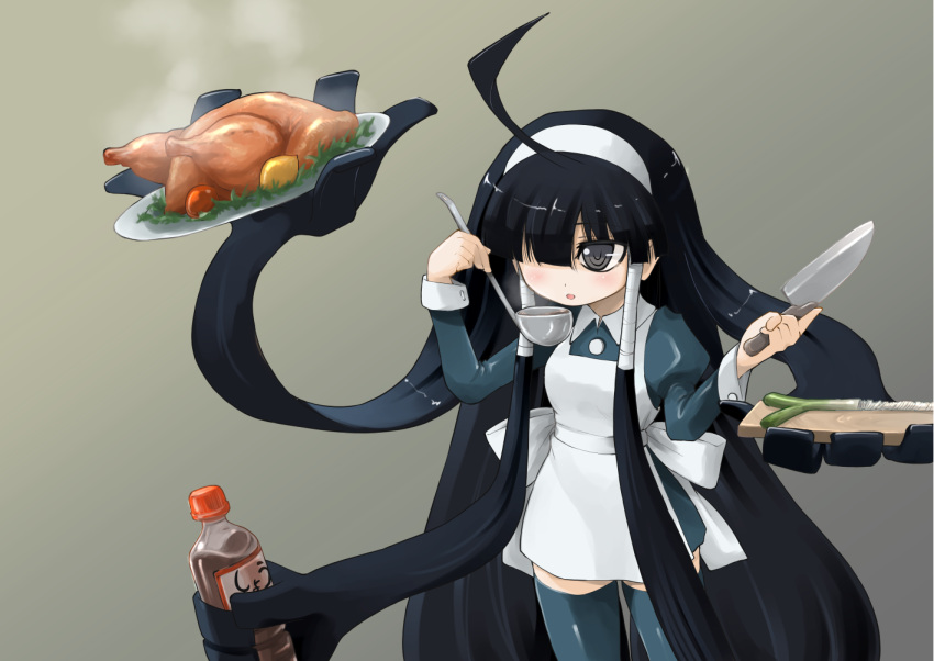 1girl, ahoge, apron, black_eyes, black_hair, bottle, chicken_(food), cooking