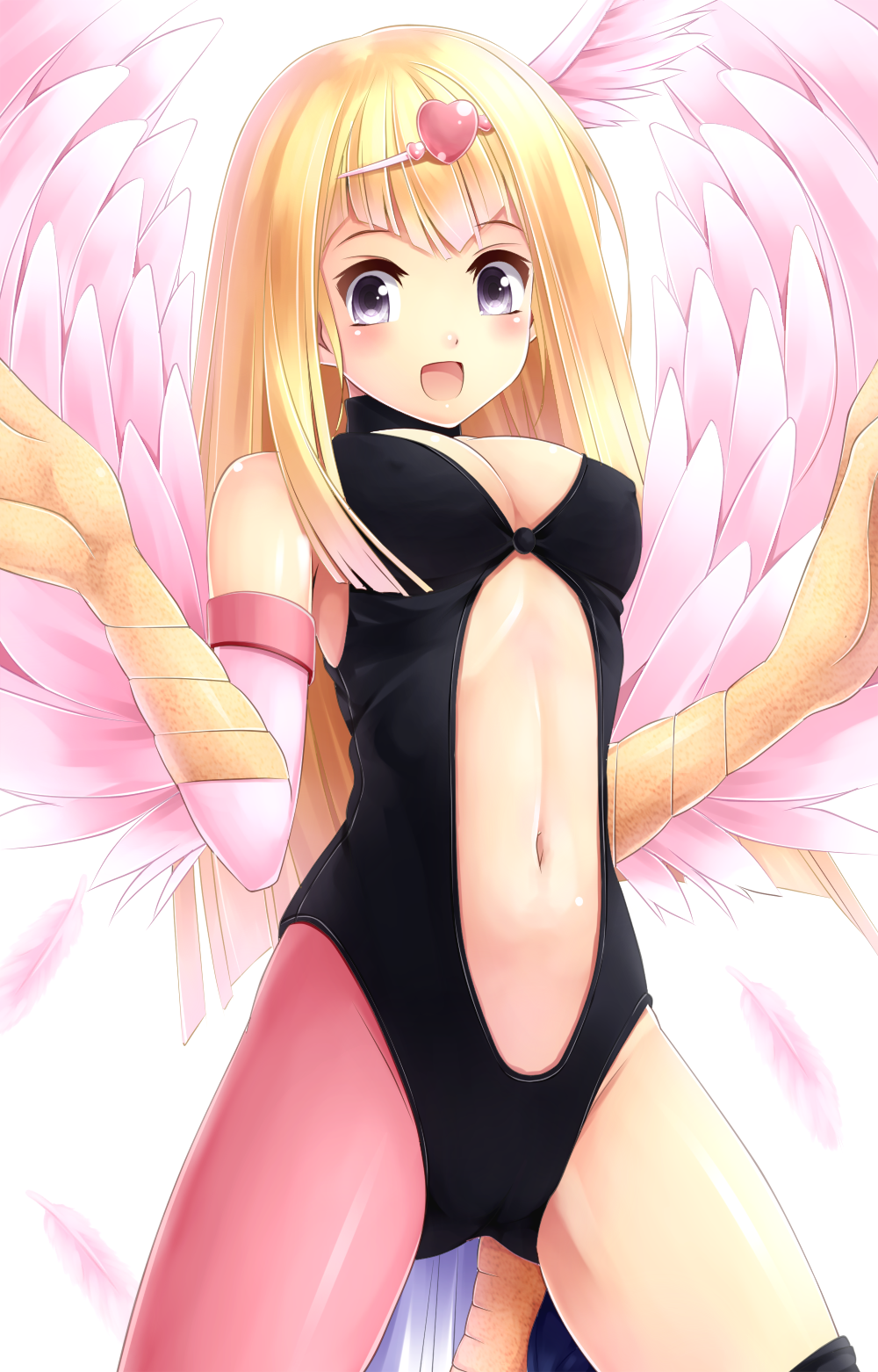 1girl, artist_request, asymmetrical_legwear, blonde_hair, blue_eyes, breasts, center_opening, claws, cleavage, duel_monster, feathers, hair_ornament, harpie_girl, harpy, heart, heart_hair_ornament, highres, kneeling, leotard, long_hair, monster_girl, navel, open_mouth, pantyhose, smile, solo, thigh-highs, wings, yuu-gi-ou, yuu-gi-ou_duel_monsters