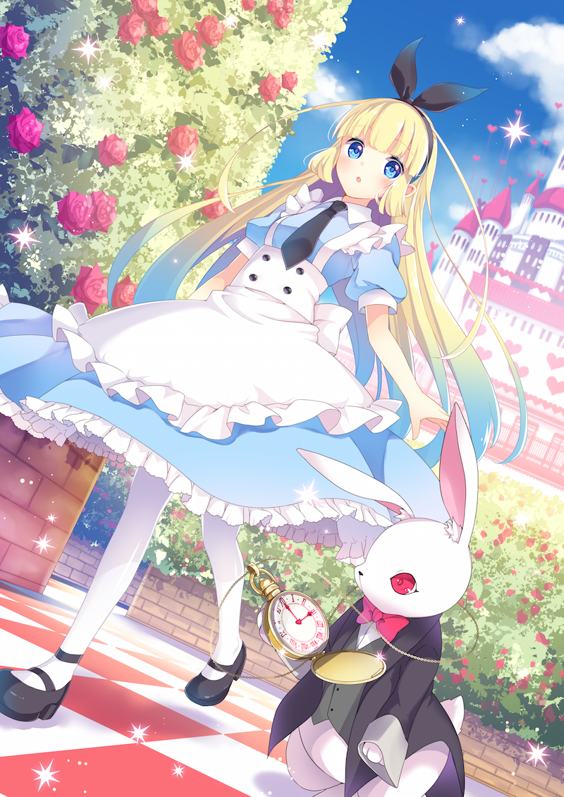 1boy, 1girl, alice_(wonderland), alice_in_wonderland, animal_ears, apron, blonde_hair, blue_eyes