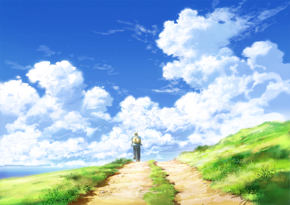 1boy, bicycle, clouds, from_behind, grass, original, saitama_(nrh49840), scenery