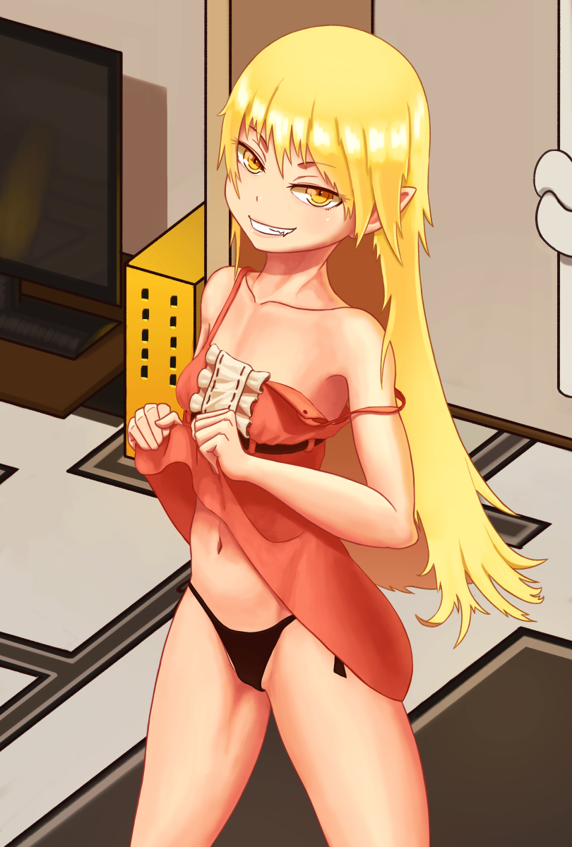 1girl, anidante, bakemonogatari, blonde_hair, collarbone, cowboy_shot, dress, dress_lift