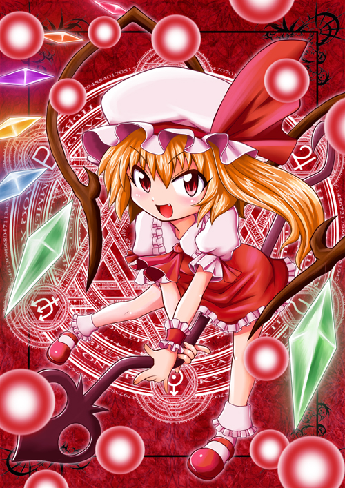 danmaku, fang, flandre_scarlet, hat, magic_circle, ponytail, red_eyes, short_hair