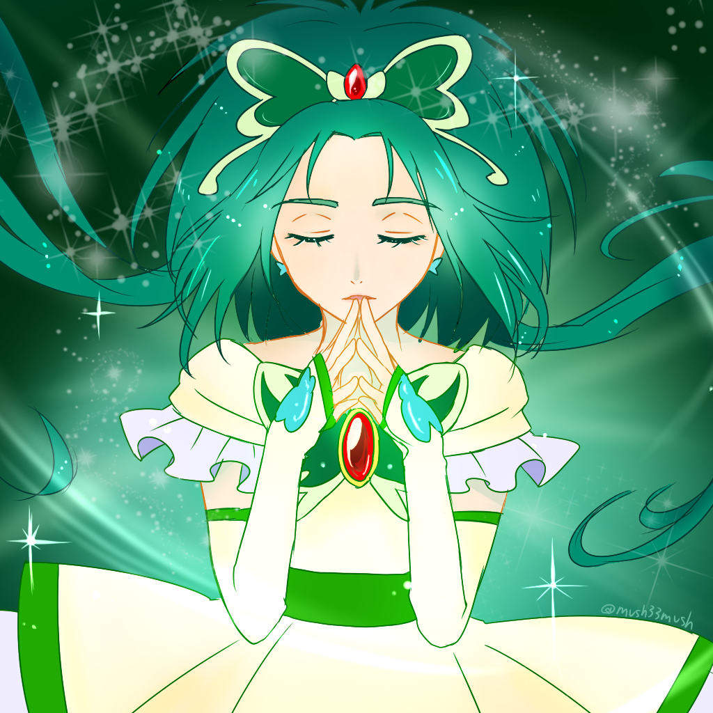 1girl, akimoto_komachi, butterfly_hair_ornament, closed_eyes, cure_mint, earrings, green, green_hair