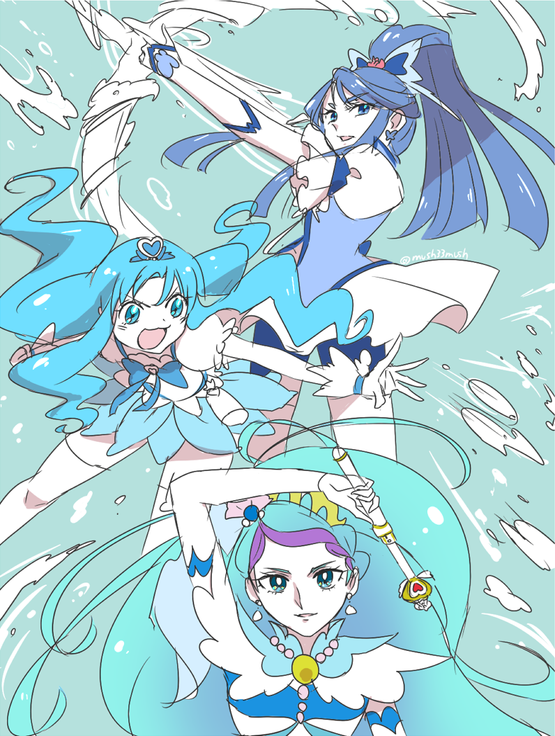 3girls, blue_eyes, blue_hair, bow_(weapon), butterfly_hair_ornament, color_connection, cure_aqua, cure_marine