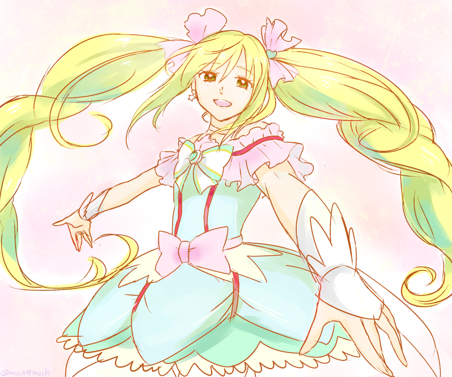 1girl, blonde_hair, bow, cure_echo, earrings, green_eyes, hair_bow, jewelry