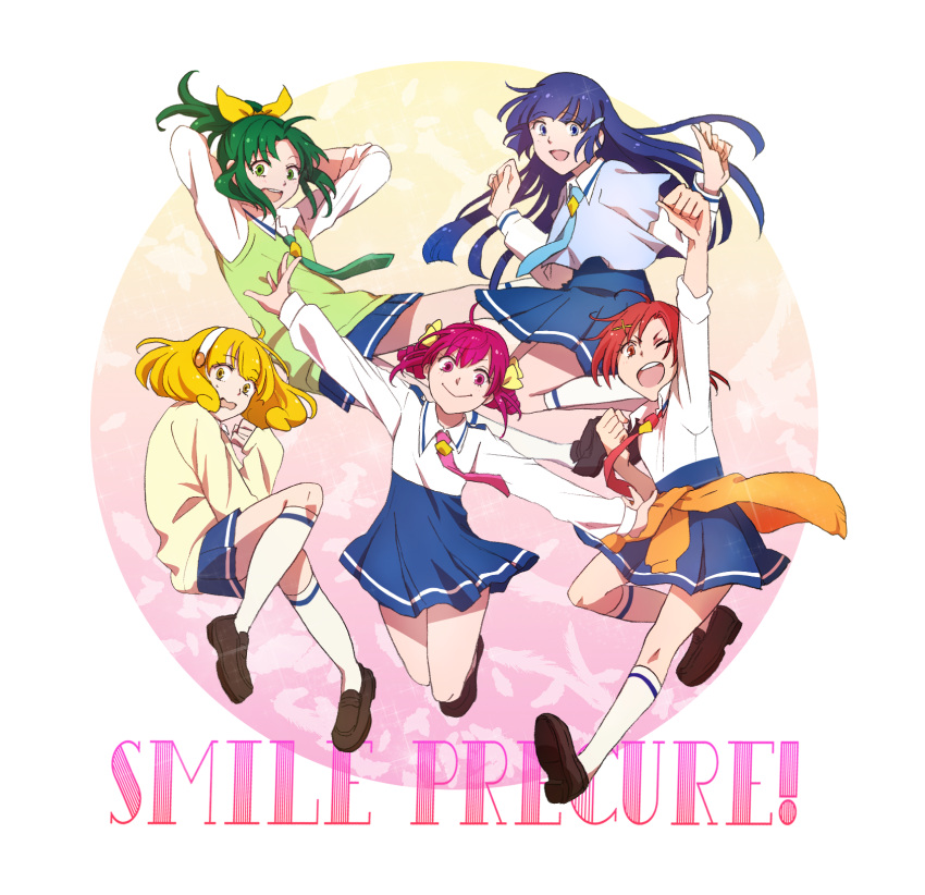 5girls, aoki_reika, arms_behind_head, blonde_hair, blue_eyes, blue_hair, clothes_around_waist, green_eyes
