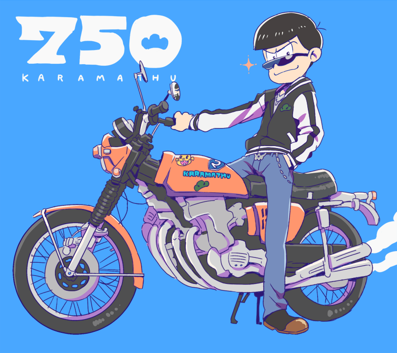 1boy, blue_background, chain, character_name, denim, glasses, hand_in_pocket, jeans