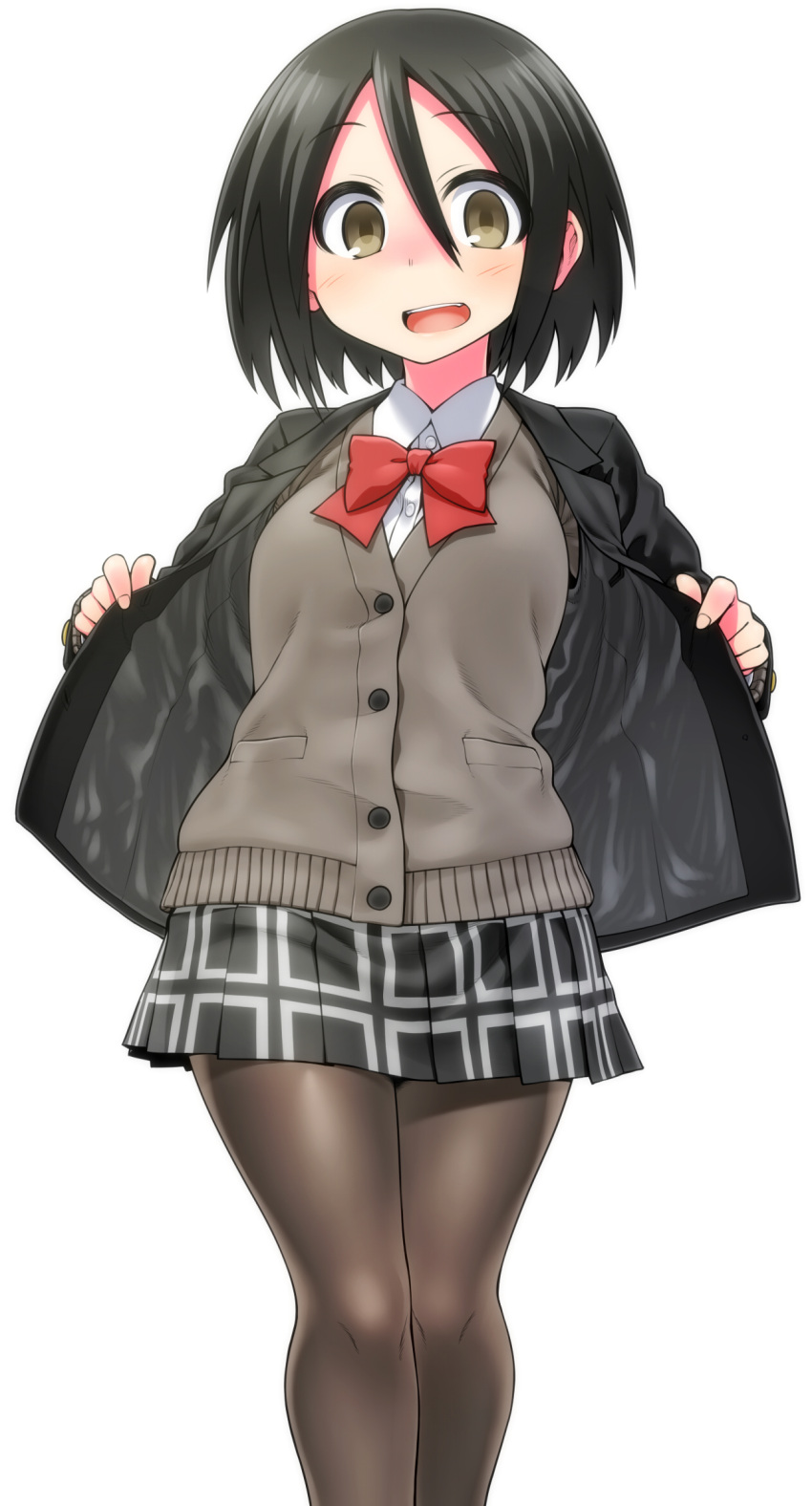 1girl, black_hair, black_skirt, blazer, bow, brown_eyes, chankodining_waka, highres