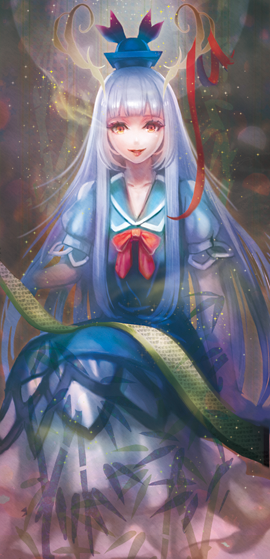 1girl, bamboo, bangs, blue_dress, bow, dress, ex-keine, full_moon
