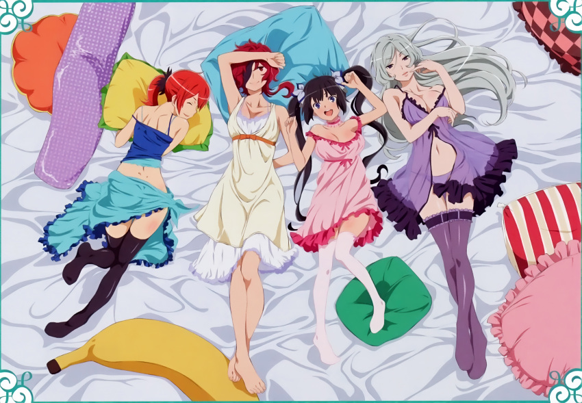 4girls, :d, absurdres, arm_up, armpits, ass, barefoot, black_hair