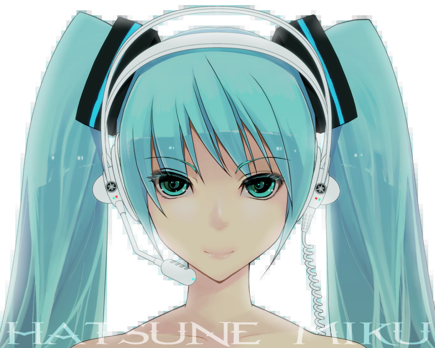 aqua_eyes, aqua_hair, bad_id, bare_shoulders, hatsune_miku, headphones, headset, hxaxcxk, long_hair, smile, twintails, vocaloid