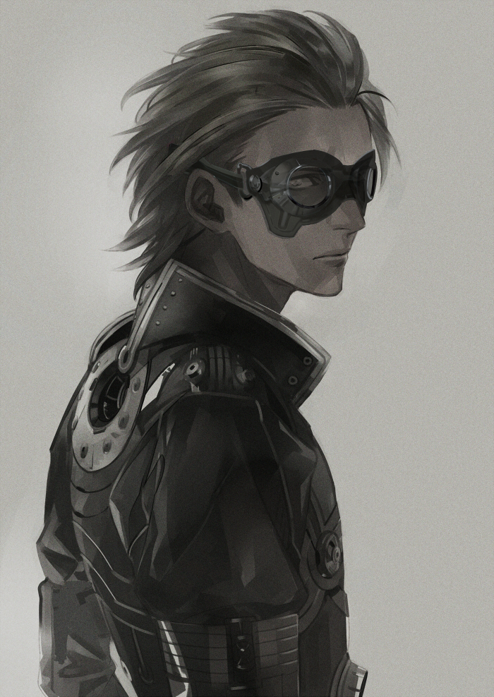 1boy, armor, black_hair, closed_mouth, goggles, grey_background, looking_at_viewer, male_focus