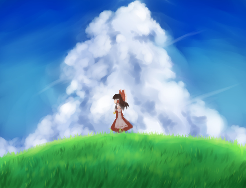 1girl, ascot, blue_sky, bow, brown_hair, clouds, detached_sleeves, faceless