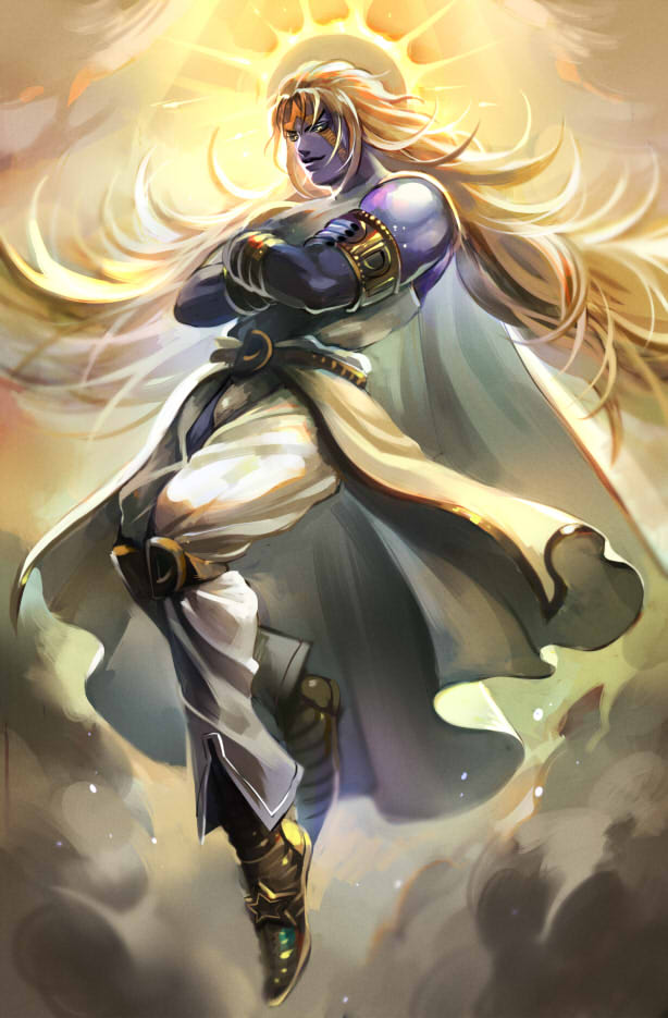 1boy, armband, blonde_hair, cape, crossed_arms, dio_brando, facial_mark, floating