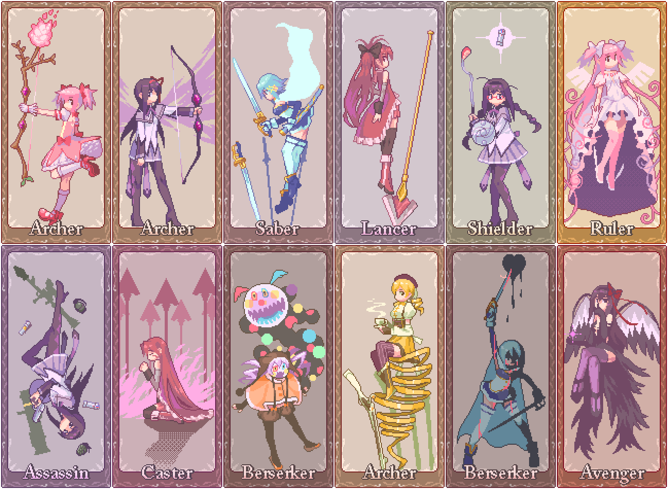 6+girls, akemi_homura, akuma_homura, argyle, argyle_legwear, black_hair, blonde_hair, blood, blue_hair, bow, bow_(weapon), braid, cape, capelet, card_(medium), charlotte_(madoka_magica), cup, dress, drill_hair, explosive, fate/grand_order, fate_(series), glasses, gloves, goddess_madoka, golf_club, grenade, gun, hair_bow, hair_down, hair_ornament, hair_ribbon, hairband, hairclip, handgun, heart, kaname_madoka, long_hair, magical_girl, magical_musket, mahou_shoujo_madoka_magica, mahou_shoujo_madoka_magica_movie, miki_sayaka, momoe_nagisa, multiple_girls, pantyhose, parody, pink_hair, pipe_bomb, polearm, ponytail, red-framed_glasses, redhead, ribbon, rocket_launcher, rpg, sakura_kyouko, sheath, shield, short_hair, short_twintails, shorts, spear, spoilers, striped, striped_legwear, sword, teacup, thigh-highs, tomoe_mami, twin_braids, twin_drills, twintails, vertical-striped_legwear, vertical_stripes, vovovov, weapon, white_hair, wings, witch_(madoka_magica), zettai_ryouiki