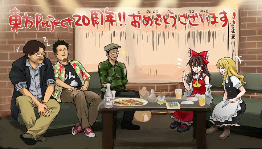 >:d, +++, 2girls, 3boys, :d, ^_^, alcohol, apron