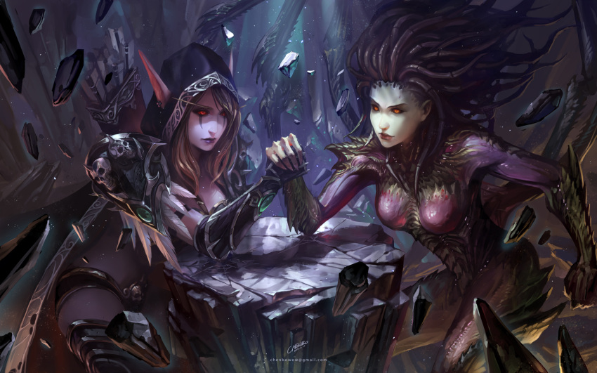 2013, 2girls, arm_wrestling, armor, arrow, bikini_armor, chenbo, gauntlets, highres, hood, multiple_girls, orange_eyes, pointy_ears, quiver, red_eyes, sarah_kerrigan, signature, spaulders, starcraft_2, sylvanas_windrunner, tattoo, warcraft, world_of_warcraft