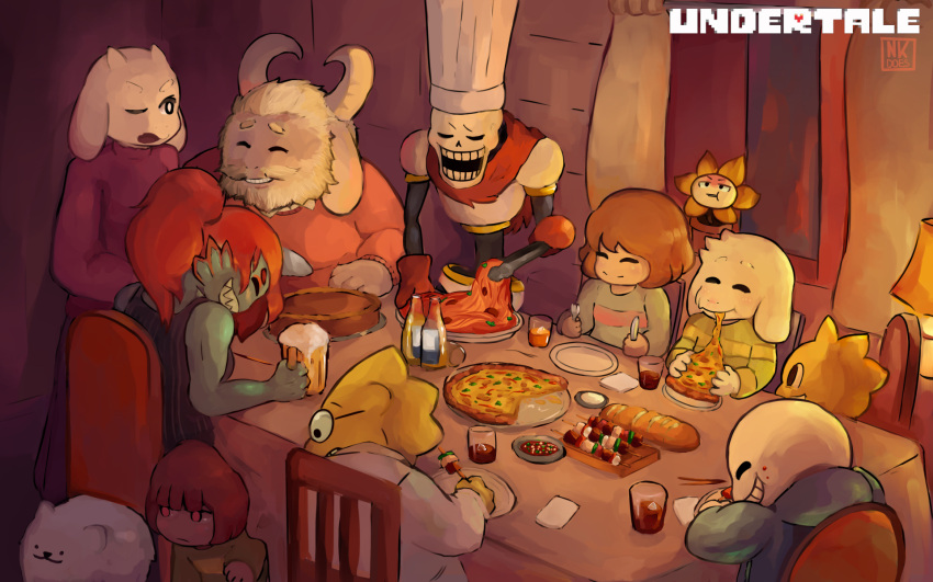3girls, 4boys, alcohol, alphys, androgynous, animal_ears, armor, asgore_dreemurr, asriel_dreemurr, beer, blonde_hair, bread, brown_hair, caribun, chara_(undertale), chef_hat, copyright_name, dinner, dog, drink, droopy_ears, eating, everyone, flowey_(undertale), food, frisk_(undertale), furry, furry_female, furry_male, goat_boy, goat_ears, goat_girl, goat_horns, hat, highres, horns, monster_kid_(undertale), multiple_boys, multiple_girls, papyrus_(undertale), pie, pizza, red_hair, sans_(undertale), shirt, shish_kabob, spaghetti, spoilers, striped_shirt, sweater, time_paradox, toriel, under_table, undertale, undyne, white_fur
