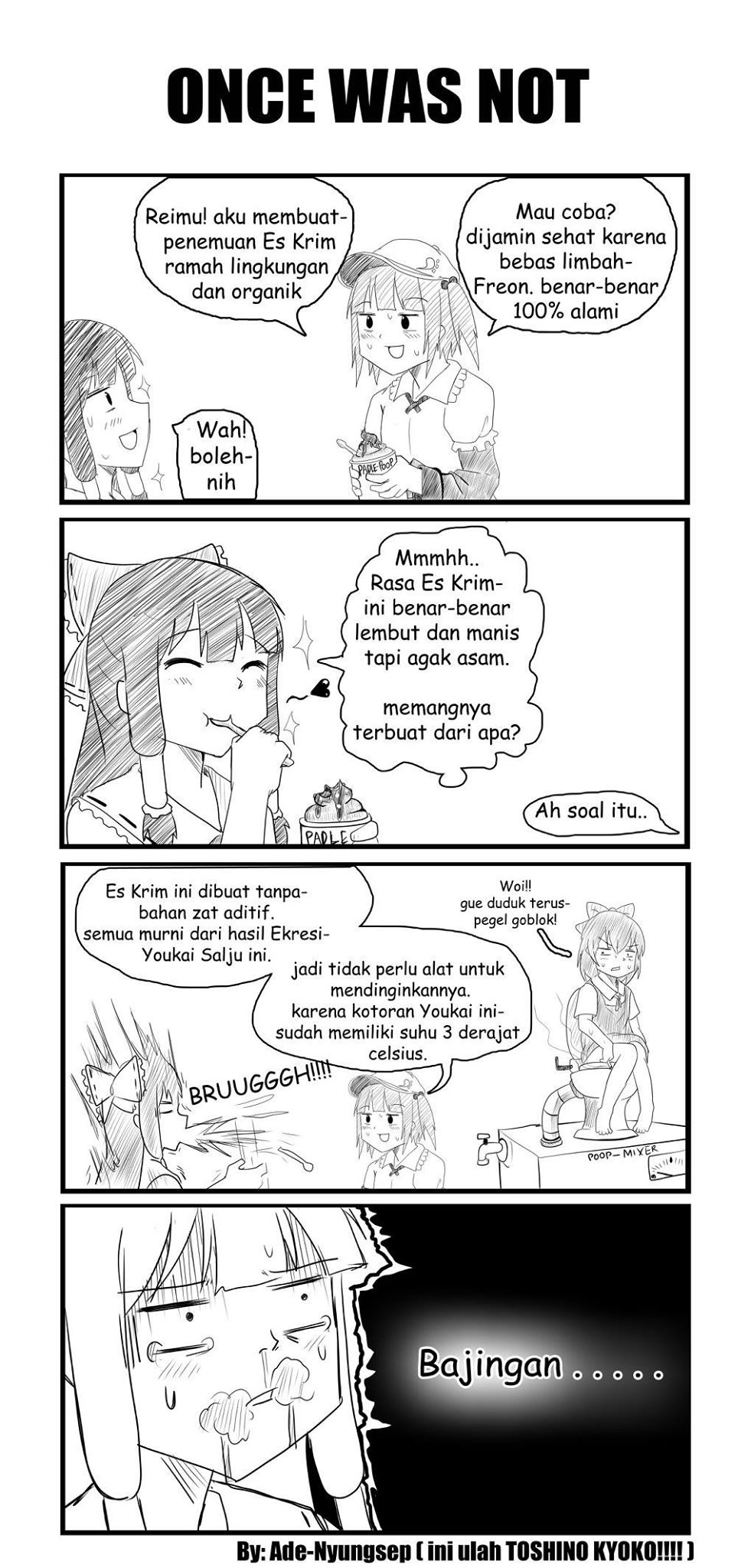 3girls, ade-nyungsep, ascot, barefoot, blush, bow, cigarette, cirno, comic, dress_shirt, food, hair_bobbles, hair_bow, hair_ornament, hair_tubes, hakurei_reimu, hat, heart, highres, ice_cream, japanese_clothes, kawashiro_nitori, kyousaru_(style), long_hair, miko, monochrome, multiple_girls, open_mouth, ribbon, shirt, short_hair, short_sleeves, smile, toilet, touhou, twintails, two_side_up, wings