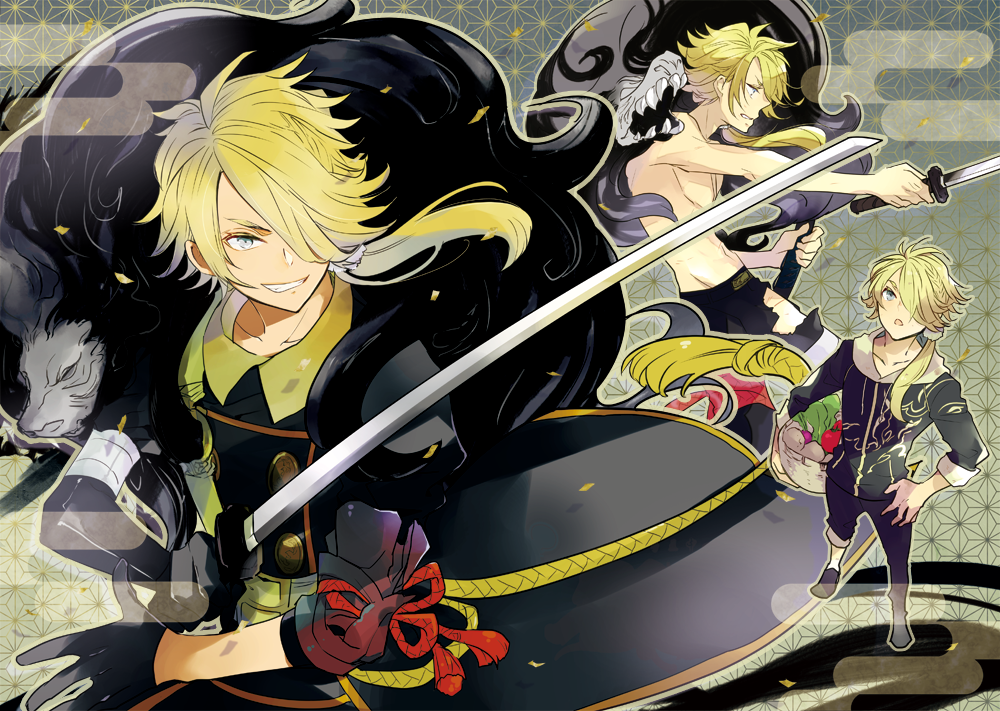1boy, ayaco_cc, basket, black_gloves, blonde_hair, blue_eyes, braid, gloves