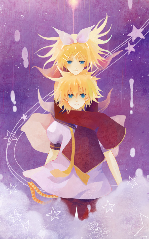 detached_sleeves, hair_ornament, hair_ribbon, hairclip, kagamine_len, kagamine_rin, necktie, ribbon