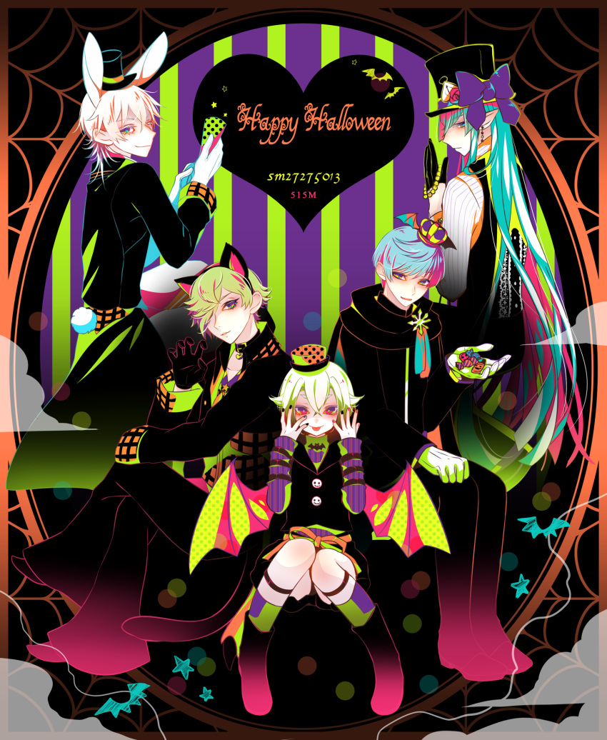 515m, 5boys, :p, animal_ears, artist_name, bat_wings, black_gloves, blue_eyes