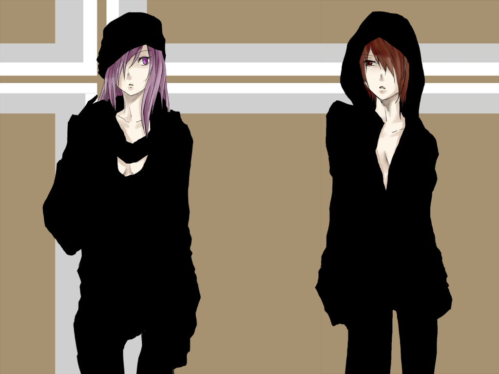 2girls, bad_id, breasts, brown_eyes, brown_hair, cleavage, hair_over_one_eye, hood, hooded_jacket, long_hair, matsunaga_(haku), megurine_luka, meiko, multiple_girls, purple_eyes, purple_hair, scarlet_moon_(vocaloid), short_hair, vocaloid