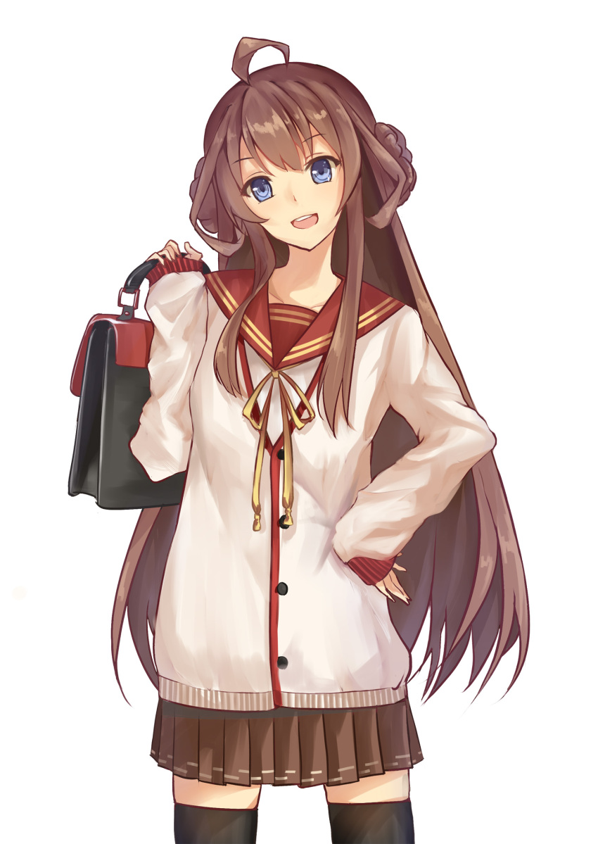 1girl, ahoge, bag, blue_eyes, brown_hair, dango_(dangowalolicon), hand_on_hip, highres