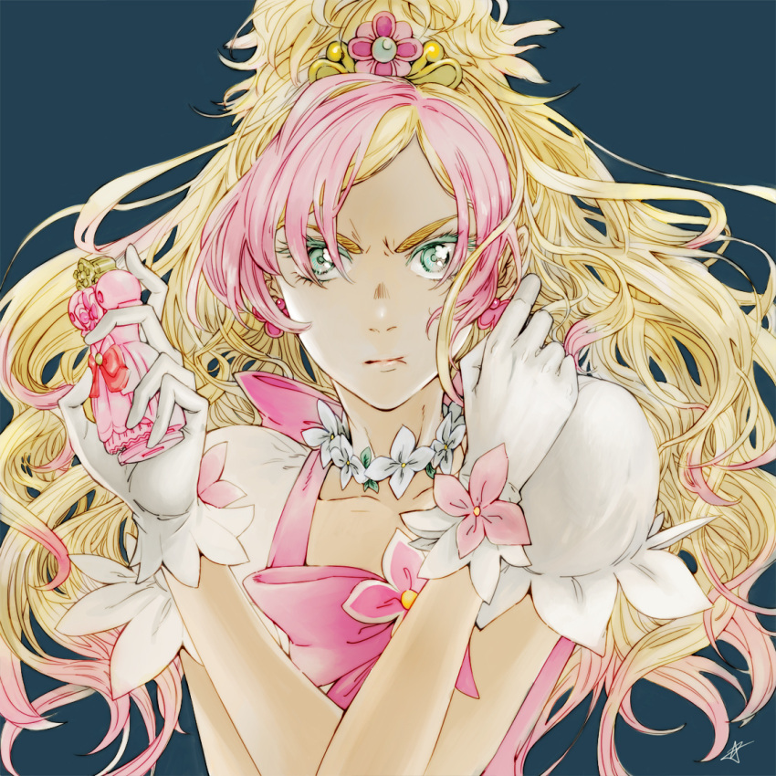 1girl, blonde_hair, bow, colored_eyelashes, cure_flora, dress-up_key, earrings, flower