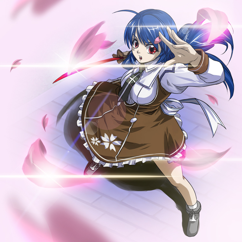 angry, blue_hair, breasts, cherry_blossoms, dress, frills, large_breasts, magic, mitonoya_saki, necktie, okaryuko, open_mouth, petals, red_eyes, sword, vanguard_princess, weapon, wind